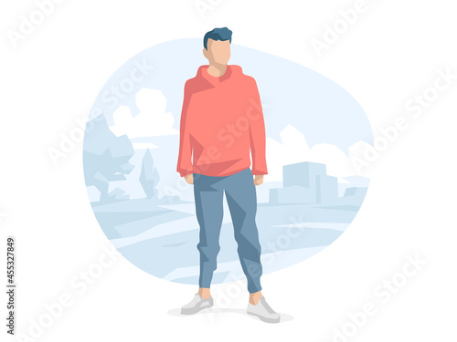 Illustrazione di un giovane ragazzo che sta in piedi sullo sfondo urbano photo
