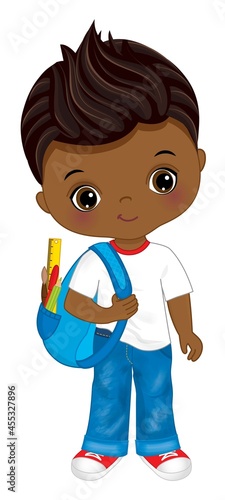 School African American Boy Holding Backpack. Vector School Black Boy