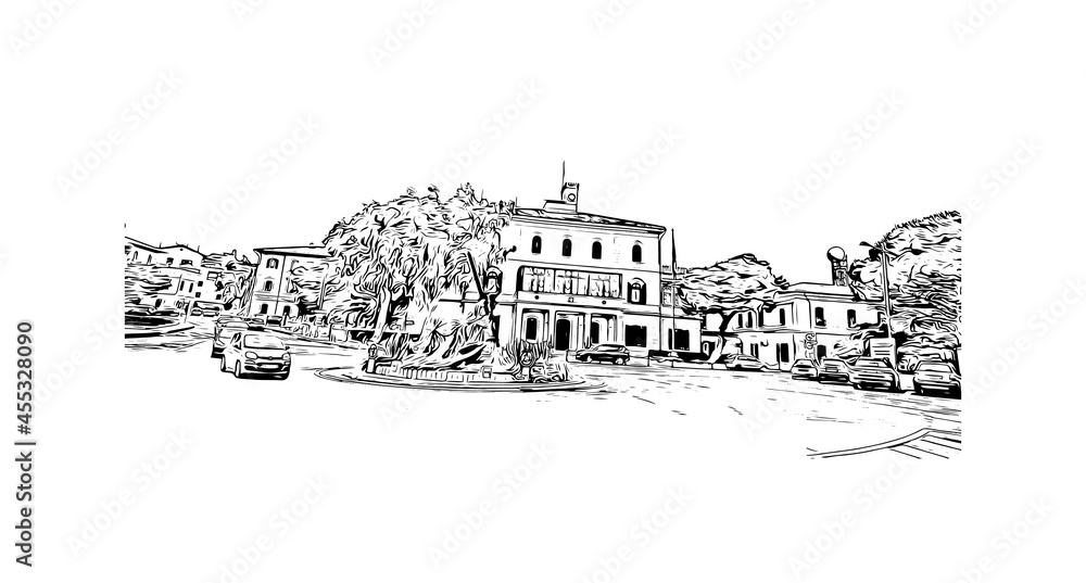 Building view with landmark of La Maddalena is the 
commune in Italy. Hand drawn sketch illustration in vector.