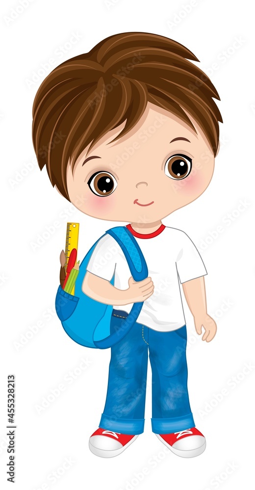 Little Cute School Boy Holding Backpack. Vector School Boy with Rucksack Little Cute School Boy Holding Backpack. Vector School Boy with Rucksack