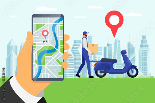Delivery online service app on smartphone screen and courier brought cargo goods package box on moped. GPS pin on city map with motor scooter shipping order location. Vector express logistics concept