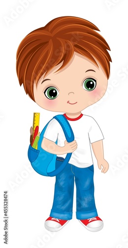 Little Cute School Boy Holding Backpack. Vector School Boy with Rucksack