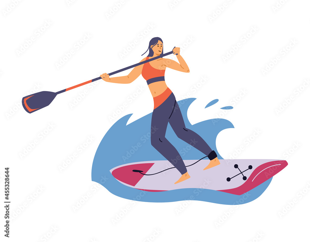 Woman rowing standing on wide paddle board, flat vector illustration isolated.
