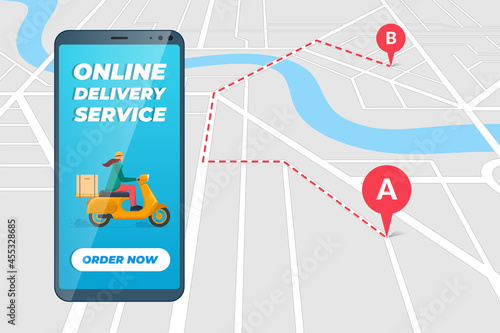 Safe contactless delivery service app on smartphone screen with woman courier in moped helmet on motor scooter delivering package box. Online ordering route mobile application on city map. Vector