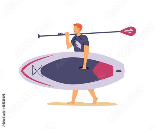 Man carrying wide paddle board and paddle, flat vector illustration isolated.