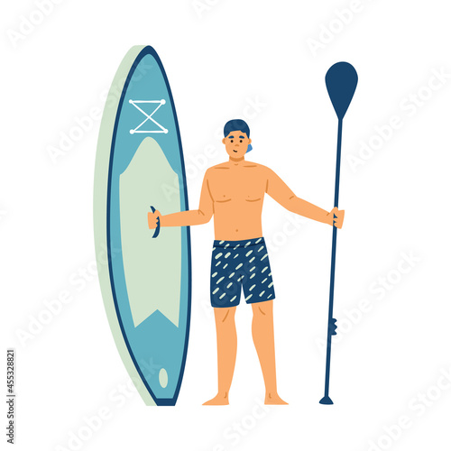 Man holding wide surfboard and paddle, flat vector illustration isolated.