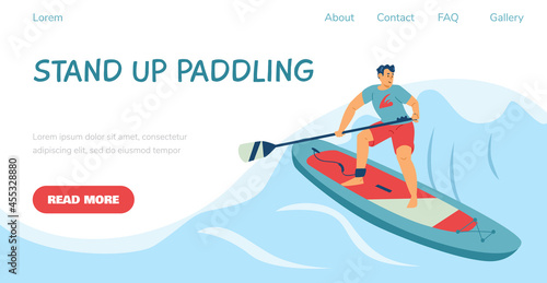 Stand up paddling website with man on paddleboard, flat vector illustration.