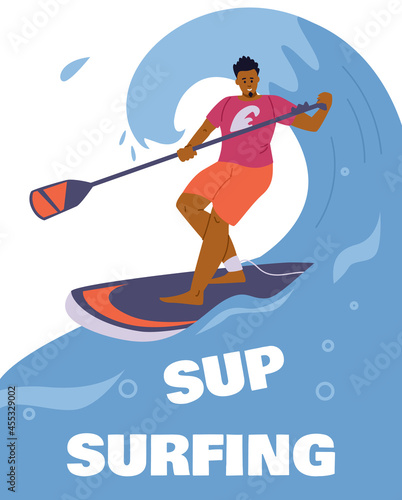 Stand Up or SUP surfing banner or card template, flat vector illustration.