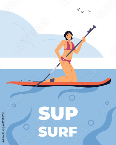 SUP surfing banner with woman on paddle board, flat cartoon vector illustration.
