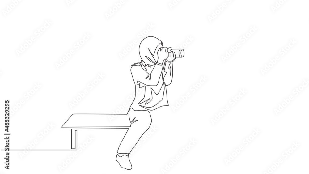 Animated self drawing of continuous line draw young pretty happy muslimah with veil sitting on chair with camera. Beautiful Asian woman in hijab fashion concept. Full length single line animation. Animated self drawing of continuous line draw young pretty happy muslimah with veil sitting on chair with camera. Beautiful Asian woman in hijab fashion concept. Full length single line animation.
