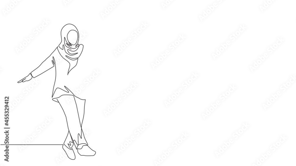 Animated self drawing of continuous line draw young beautiful happy muslimah with headscarf dance on street road. Beauty Asian woman model in hijab fashion concept. Full length single line animation. Animated self drawing of continuous line draw young beautiful happy muslimah with headscarf dance on street road. Beauty Asian woman model in hijab fashion concept. Full length single line animation.