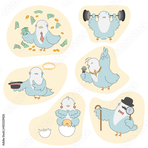 Cartoon comedy pigeons in various situations. The pigeon is a rich man, a popstar, a detective. He lifts a barbell, begs for bread. The mother bird is touched by the chick hatched from the egg.