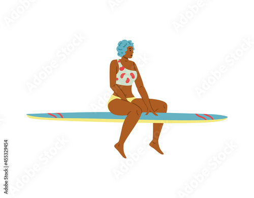 Woman sitting on surfboard or paddleboard flat vector illustration isolated.