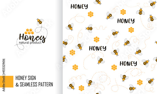 Vector emblem and seamless pattern of a bee, a honeycomb, the title Honey. Simple cartoon illustration.