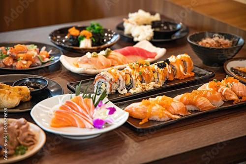 sushi and sashimi at japanese restaurant