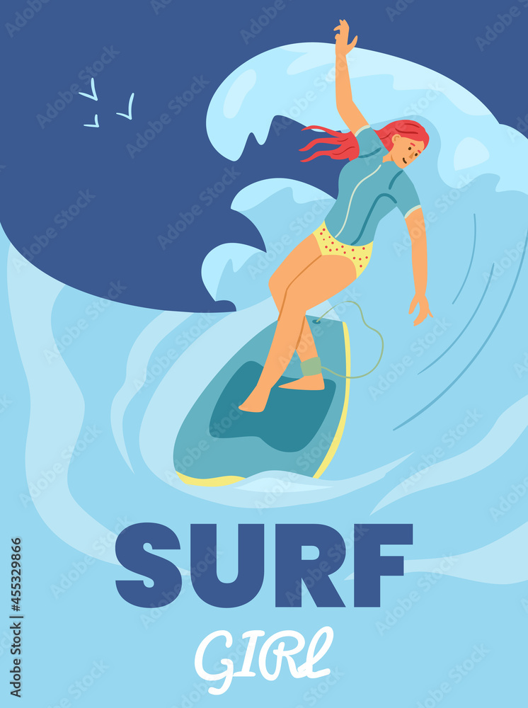 Surfing girl banner with woman riding on surfboard, flat vector illustration.
