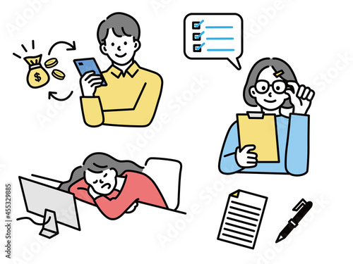 ポイント、注目、発表を表す男女のイラスト(ビジネス、寝る、居眠り、調査、チェック、キャッシュレス、発見) Illustrations of men and women representing points, attention, and presentations. business, sleeping, dozing, research, check, cashless.