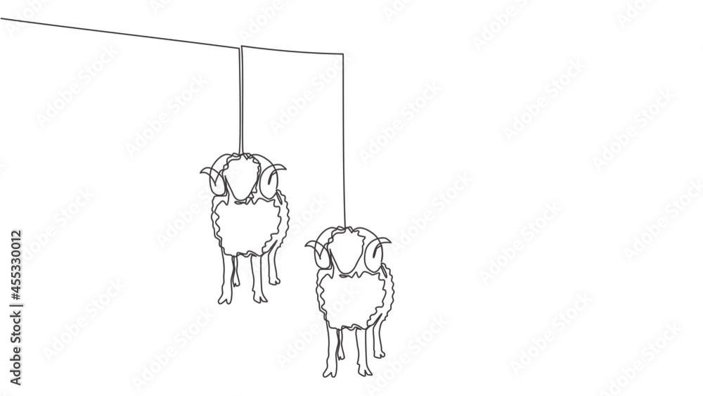 Animated self drawing of continuous line draw sheeps hanging on rope like lantern lamps. Muslim holiday the sacrifice an animal, Eid al Adha greeting card concept. Full length single line animation. Animated self drawing of continuous line draw sheeps hanging on rope like lantern lamps. Muslim holiday the sacrifice an animal, Eid al Adha greeting card concept. Full length single line animation.