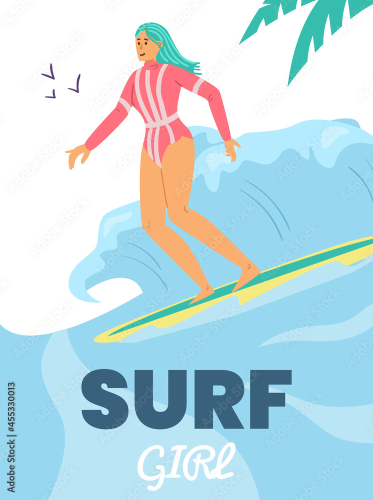 Vertical banner with surfing young girl in swimwear, flat vector illustration.