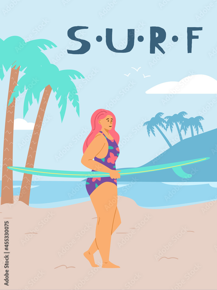 Surf sport banner with woman carrying surfboard, flat vector illustration.