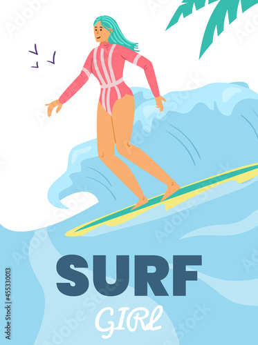 Vertical banner with surfing young girl in swimwear  flat vector illustration.