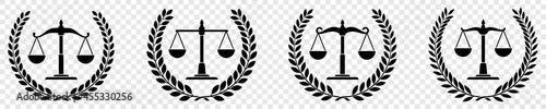 Scale icon set, justice scales symbol, law scale logo, Vector illustration