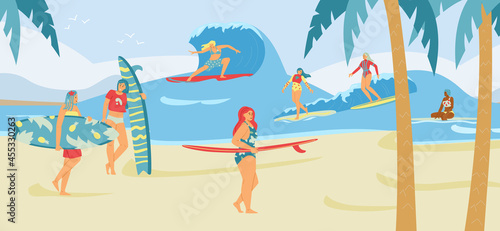 Tropical beach background with group of surfers flat vector illustration.