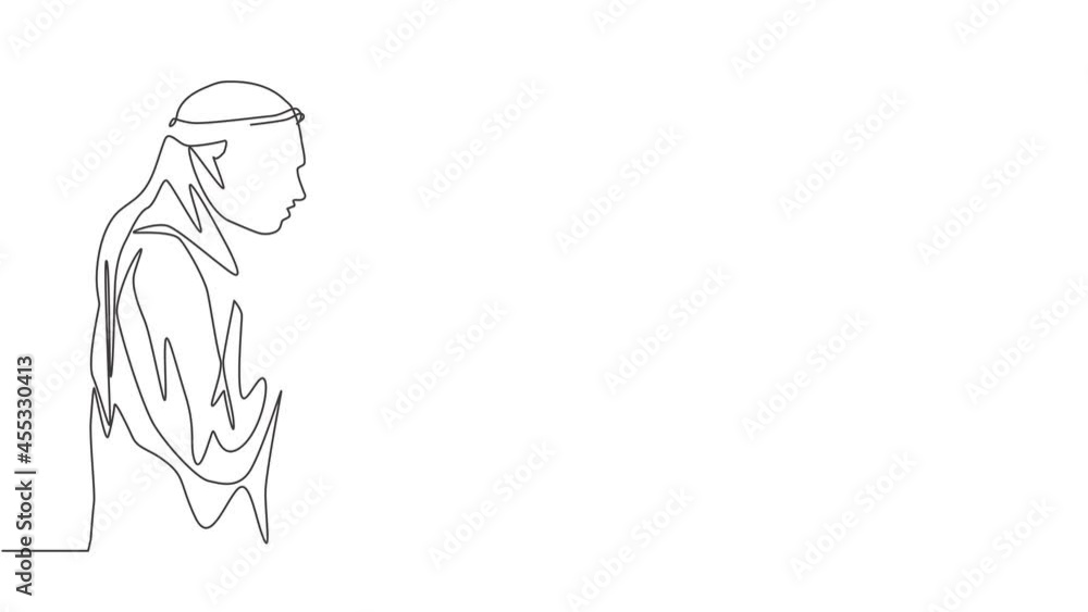 Self drawing animation of single line draw muslim person kissing Quran in shmag traditional Arab cloth. Islamic holy day Eid Mubarak greeting card concept continuous line draw. Full length animated. Self drawing animation of single line draw muslim person kissing Quran in shmag traditional Arab cloth. Islamic holy day Eid Mubarak greeting card concept continuous line draw. Full length animated.