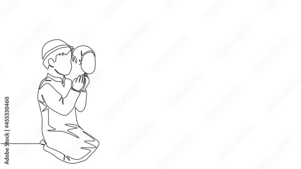 Animated self drawing of one continuous line draw muslim and muslimah pray solmen to God. Islamic holy day Ramadan Kareem and Eid Mubarak greeting card concept. Full length single line animation. Animated self drawing of one continuous line draw muslim and muslimah pray solmen to God. Islamic holy day Ramadan Kareem and Eid Mubarak greeting card concept. Full length single line animation.