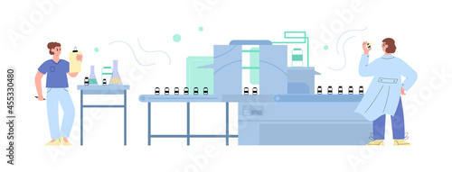Scientists works for vaccine production at pharmaceutical plant or laboratory.