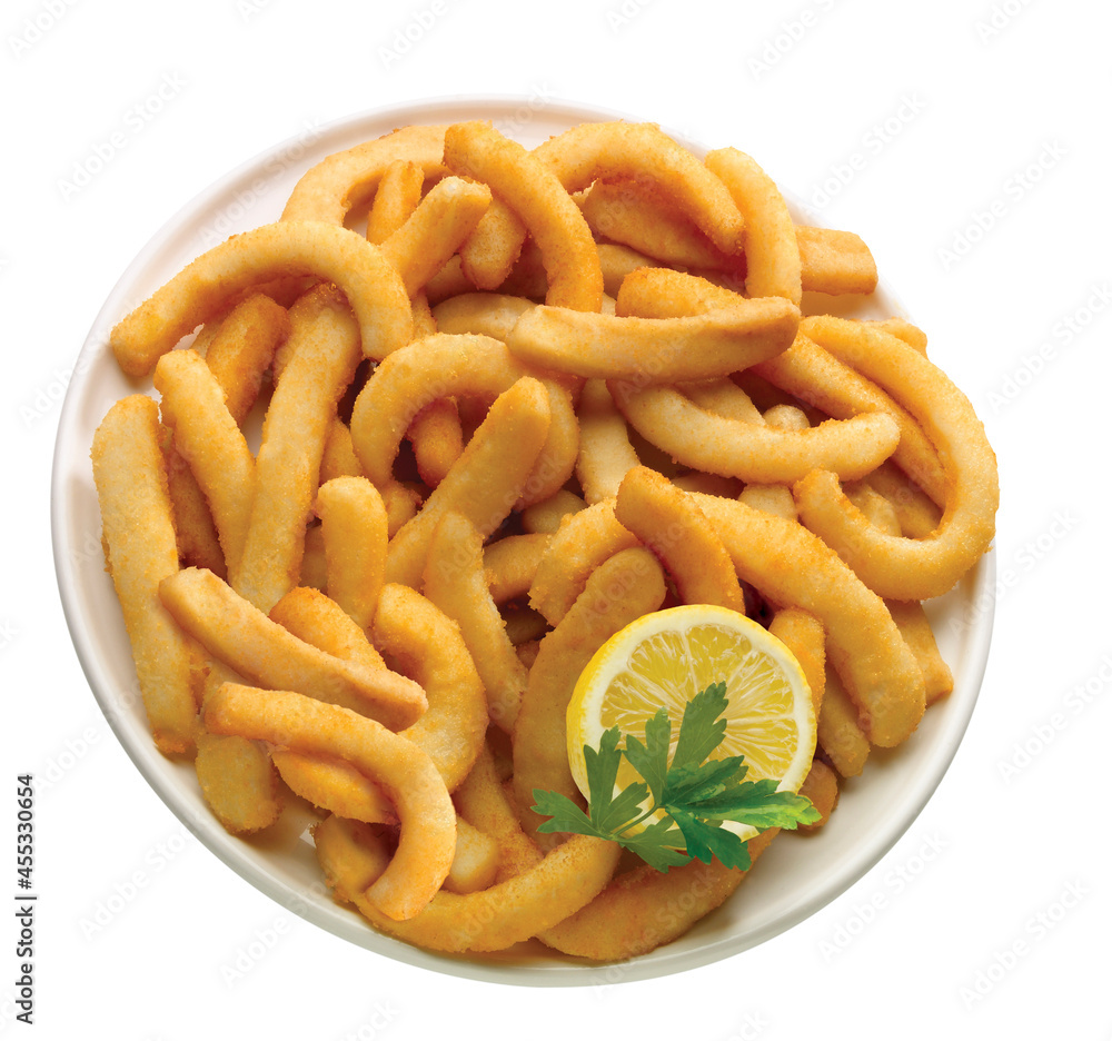 calamares cortados, rabas con limón sobre fondo blanco. cut calamari, squid rings with lemon on a white background. calamares cortados, rabas con limón sobre fondo blanco. cut calamari, squid rings with lemon on a white background.