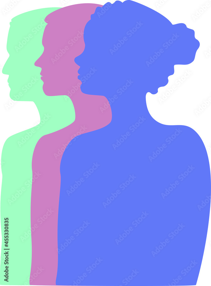 Vector siluetas verde, rosa y morada,  cara de mujer y hombre,  perfil, personas, igualdad de género