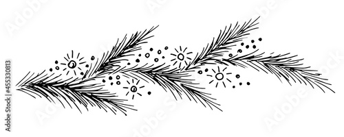 Hand-drawn simple vector drawing in black outline. Pine, spruce branch, berries, snow, lanterns. For the festive New Year, Christmas design, postcards, labels.