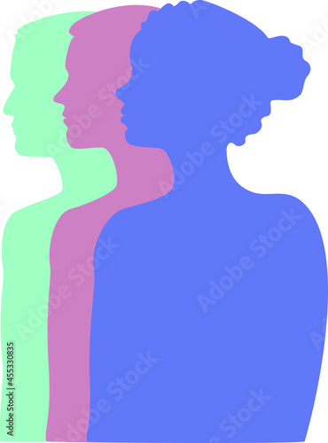 Vector siluetas verde, rosa y morada,  cara de mujer y hombre,  perfil, personas, igualdad de género