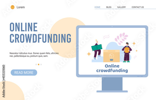 Online crowdfunding and investing into ideas webpage, flat vector illustration.