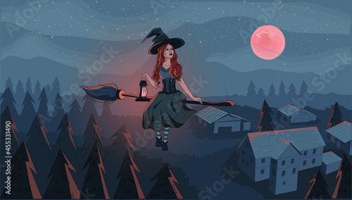 Witch flying on the broom with a lantern above the small town at night. Watercolor brushes, bird's eye view of the forest and town.