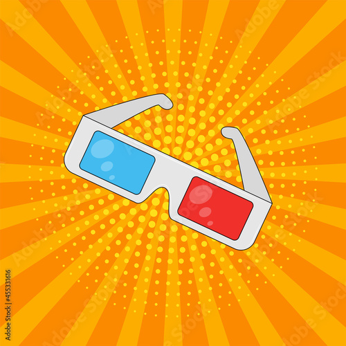 3D glasses on a bright background in the style of pop art. Vector illustration.