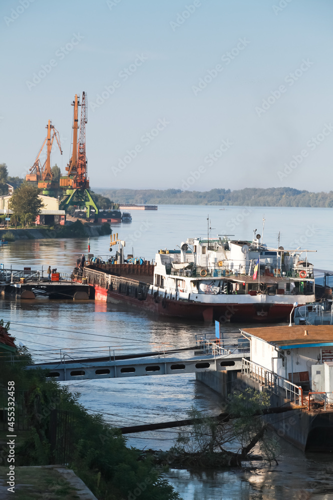 Ruse port, Danube river, Bulgaria. Vertical photo