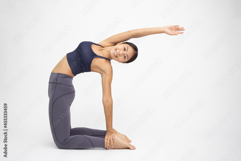 Asian woman are yoga exercises isolated on white background, Yoga and Fitness poses concept