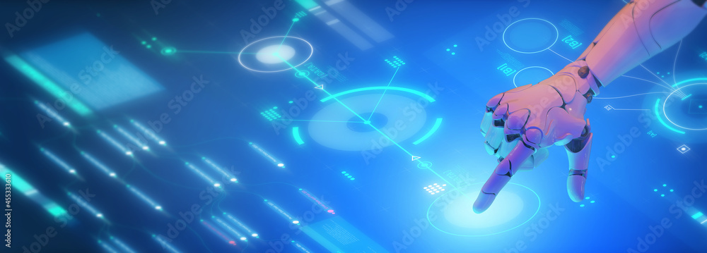 Obraz premium Digital data digital marketing, futuristic 3D robot and big data finance business investment and marketing symbol, futuristic abstract metaverse background 