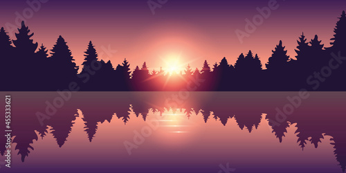 beautiful lake at sunrise pine forest nature landscape © krissikunterbunt