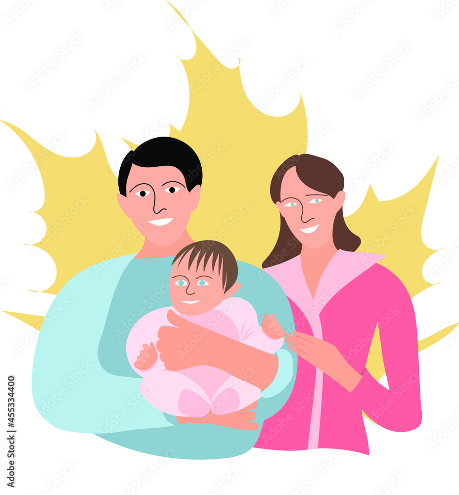 Autumn a young happy couple with a child on the background of a maple leaf Autumn a young happy couple with a child on the background of a maple leaf