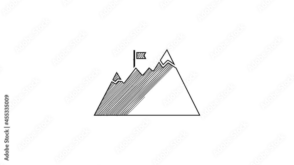 Black line Mountains with flag on top icon isolated on white background. Symbol of victory or success concept. Goal achievement. 4K Video motion graphic animation Black line Mountains with flag on top icon isolated on white background. Symbol of victory or success concept. Goal achievement. 4K Video motion graphic animation
