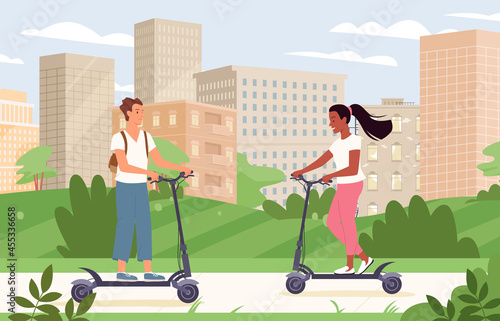 People ride electric scooter transport in urban city landscape vector illustration. Cartoon young man woman characters drive speed electric scooter on street, alternative eco lifestyle background