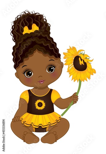 Cute African American Baby Girl Holding Sunflower. Vector Black Baby Girl with Sunflower