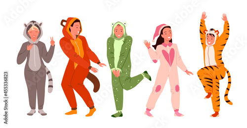People friends on pajamas party set vector illustration. Cartoon young funny happy characters have fun, wearing cute animal pajamas nightwear, jumping and dancing in sleepwear isolated on white