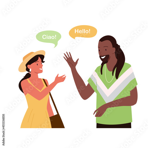 Speak different languages, say hello greeting in languages and couple people vector illustration. Cartoon young multiracial man woman characters talking, international conversation isolated on white
