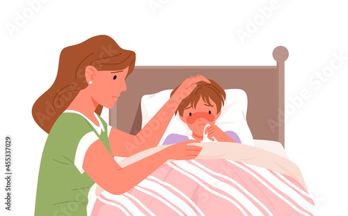 Mother and sick son with cold flu, fever ill vector illustration. Cartoon feverish child lying in bed at home bedroom, mom character checking temperature with thermometer isolated on white
