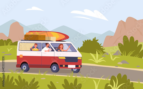Cartoon tourist mother father and son kid characters traveling on road in mountain nature landscape background. Family travel by car bus camper van, summer vacation trip adventure vector illustration