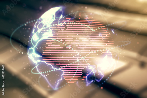 Double exposure of abstract digital world map hologram with connections on shiny metal background, big data and blockchain concept
